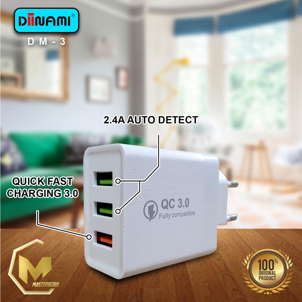 BM101 ADAPTOR BATOK CHARGER DIINAMI DM-3 3USB PORTS QUALCOM android &amp; iPhone garansi 1tahun MA1835