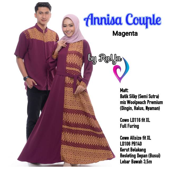 Couple Batik Gamis Premium ANNISA Seragam Lebaran Outfit Modern bahan semi sutra kain licin mix wolf
