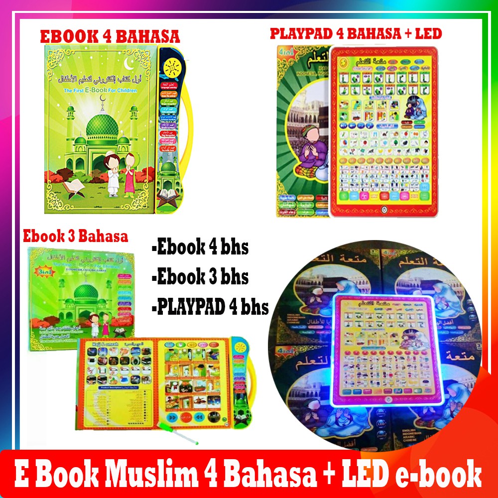 E Book Muslim 4 Bahasa + LED e-book Mainan Anak Buku Pintar Ebook Buku Muslim Elektronik PLAYPAD