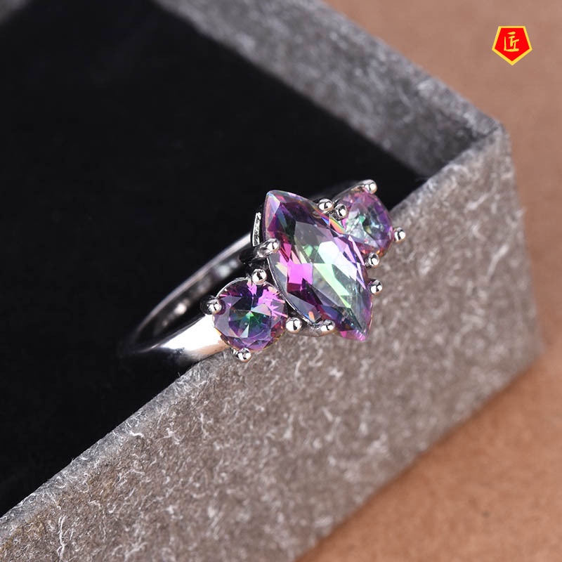 [Ready Stock]Creative Vintage Inlaid Rainbow Color Topaz Ring