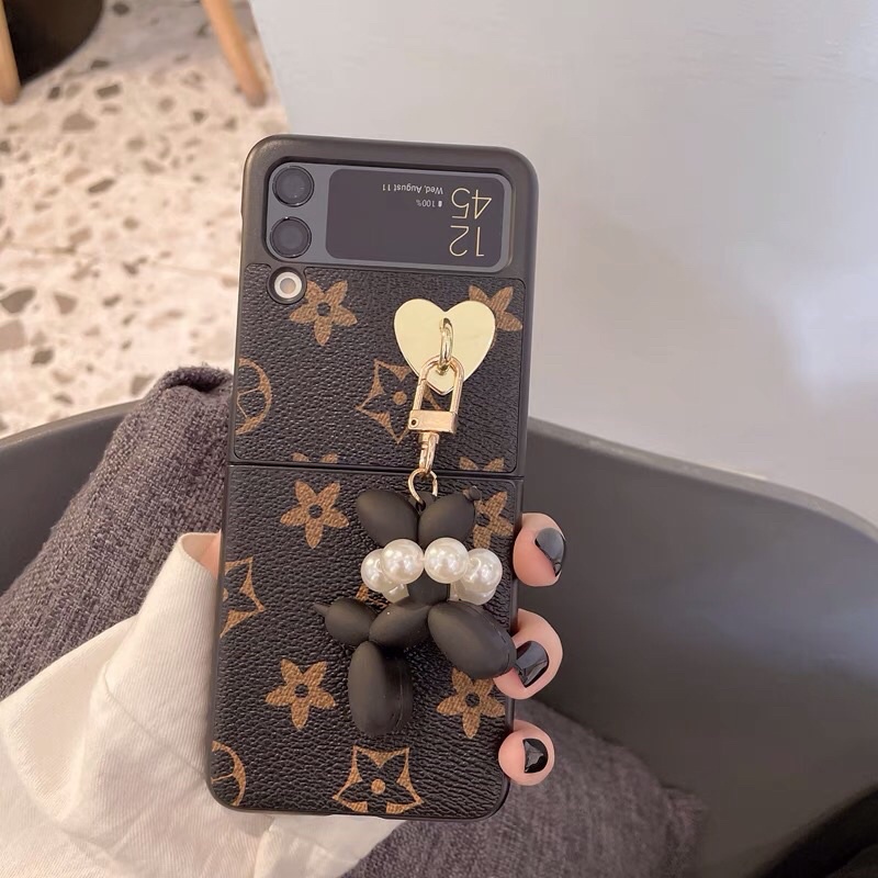 Samsung Z Flip Fold 2 3 Case Leather Kulit Black White Poodle Dog Hitam Putih Anjing Love Chain Gant