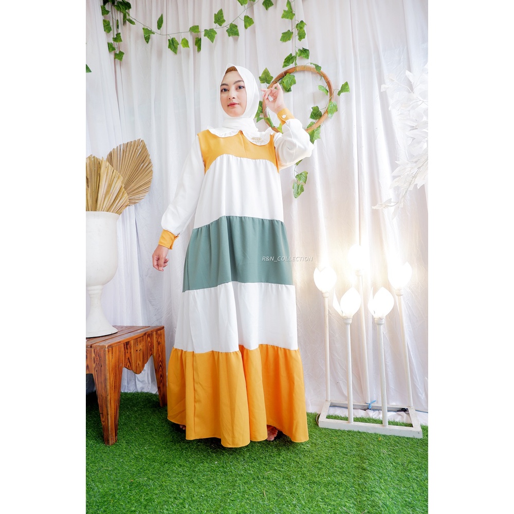 Alisa Dress / Gamis Susun Resleting Depan / Dress Kobinasi Warna