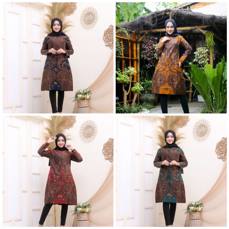 Tunik Batik Wanita Resleting Depan (Busui) Warna Maron Hijau Dongker Dan Kuning