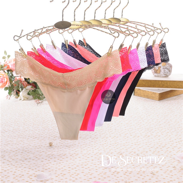DeSecrettz PANTIES #037 Celana Dalam Wanita, Sexy Lace Seamless Ice Silk Low Waist Thong T