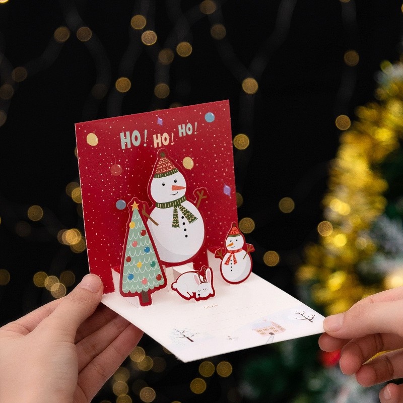 Kartu Ucapan Pop Up 3D Desain Kartun Santa Snowman Untuk Pesta Natal