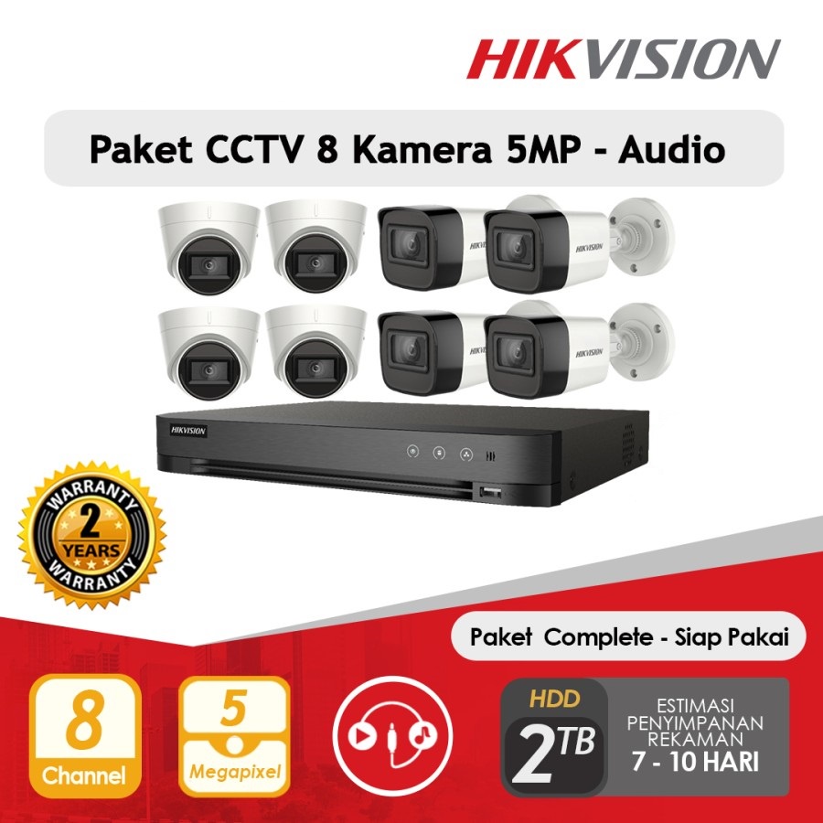 Paket CCTV Hikvision 5MP Audio Built in Mic 8 Kamera HDD 2TB Siap Pasang