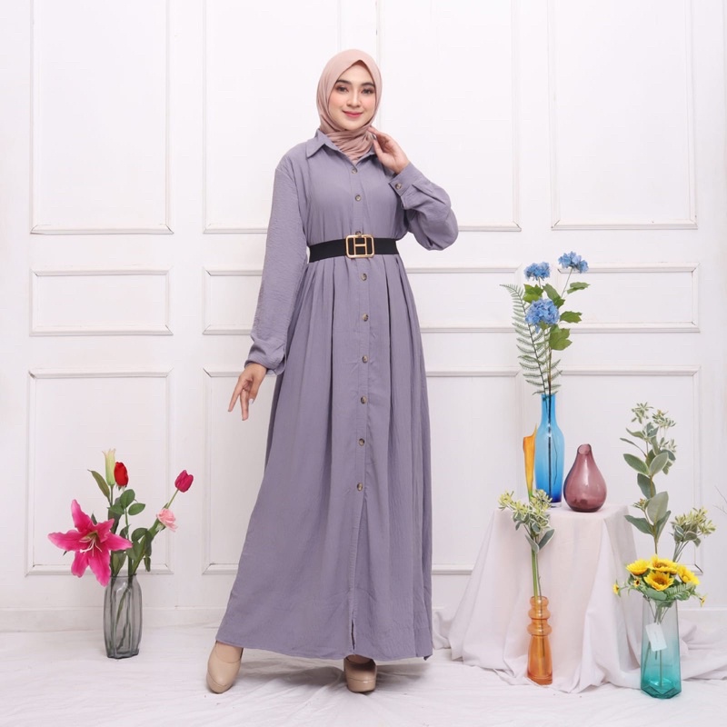 GAMIS CRINKLE HUSNA MAXI LEBARAN FREE BELT POLOS JUMBO XXL HUSNA KANCING MEWAH ACARA EID IDUL FITRI 