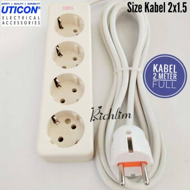 Stopkontak Uticon 4 Lubang Terminal Kuningan/Colokan Listrik+Steker Arde+Kabel 2x1.5 Serabut 2 Meter