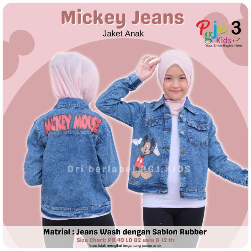 Mikey Jaket Jeans Anak Perempuan Tanggung Umur 8-11 Tahun Baju Jacket Jins Remaja Gambar Mickey Mous