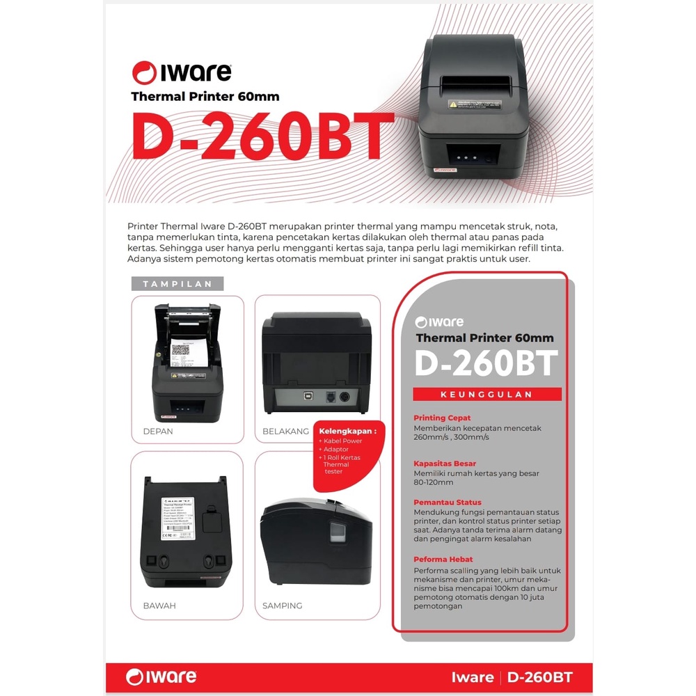 (BISA COD) MDN PRINTER KASIR THERMAL BLUETOOTH IWARE IW-D260BT IW D260BT D260 BT