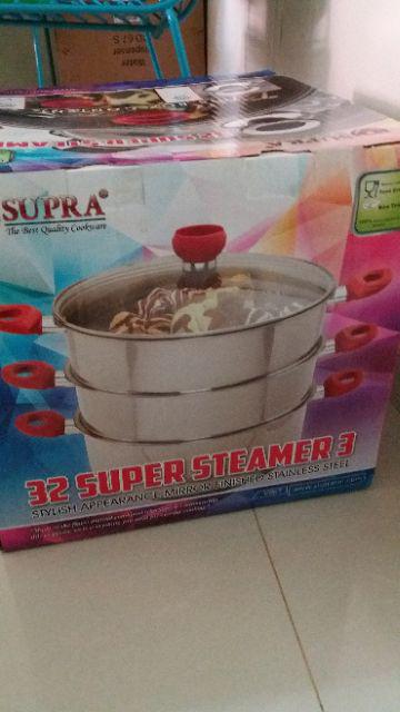 Panci Susun 3 Supra Super Steamer 32 Cm Besar Stainless Steel Kukus Tingkat Masak Arisan Tutup Kaca