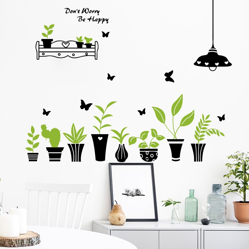 2pcs / set Stiker Dinding Decal Desain Kartun Butterfly Pot Tanaman Hijau Untuk Dekorasi Ruang Tamu / Kamar Tidur