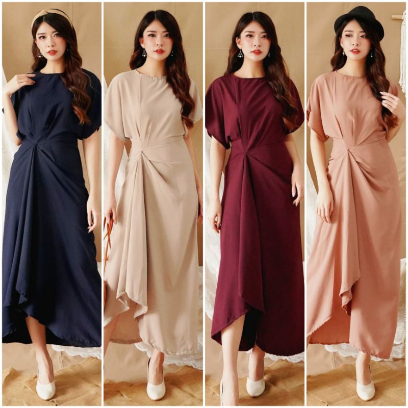 ❣️ SPECIAL PRICE ♡ PREMIUM ♡ ORIGINAL ! RAISA VINTAGE PLAIN ASYMMETRIC FRONT RAMPLE LONG MAXI RUFFLE DRESS