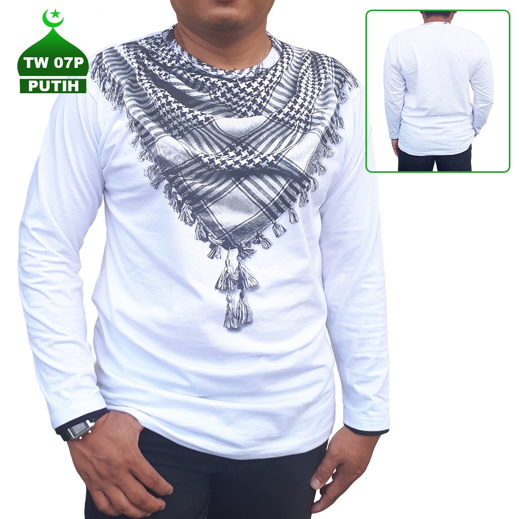 Kaos Sorban 3D Ori Tawaf Apparel Kaos Pria Lengan Panjang Putih Kaos Pria Muslim Dewasa