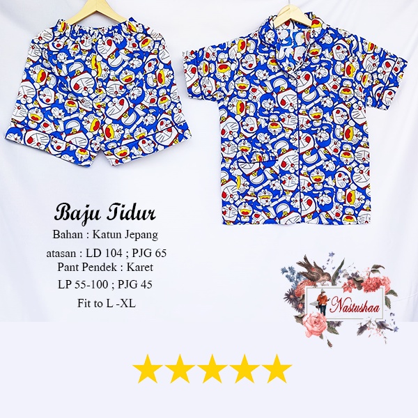 2in1 Piyama/Baju Tidur Wanita Dewasa Doraemon/L Fit to XL Pajamas Set Model Pendek Bahan Katun Jepang Motif Karakter Doraemon Kancing Depan Busui Friendly