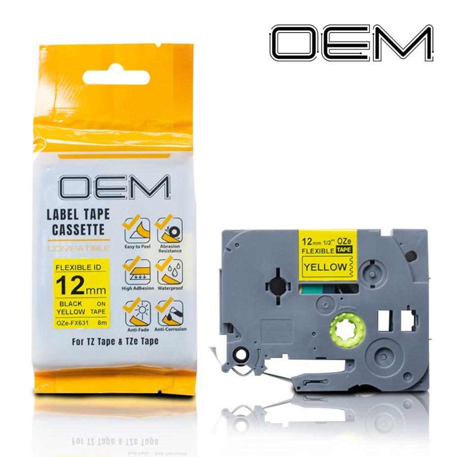 OEM LABEL TAPE FLEXIBLE LAMINATED 12mm x 8m FOR USE ON BROTHER PTOUCH