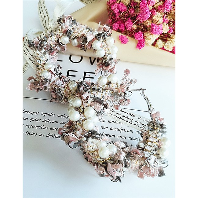 LRC Anting Tusuk Fashion Pink Alloy Garland Pearl Earrings D28747