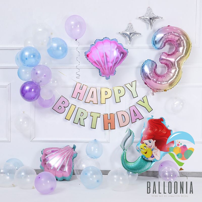 SET Foil Balloon Happy Birthday Mermaid Ariel | Dekorasi Balon Ulang Tahun Ultah Putri Duyung Tema L