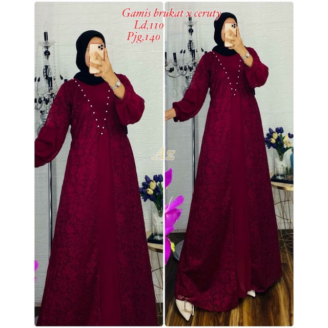 (Bisa COD) Gamis Brokat Kombinasi Ceruty/Gamis Gaun Pesta/Maxi Dress Muslimah