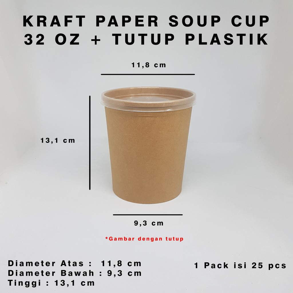 Kraft Paper Soup Cup 32 Oz + Tutup Plastik Food Grade