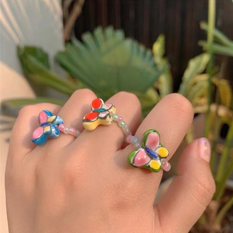 Cincin Manik-Manik Butterfly Warna Pelangi Adjustable Gaya Vintage