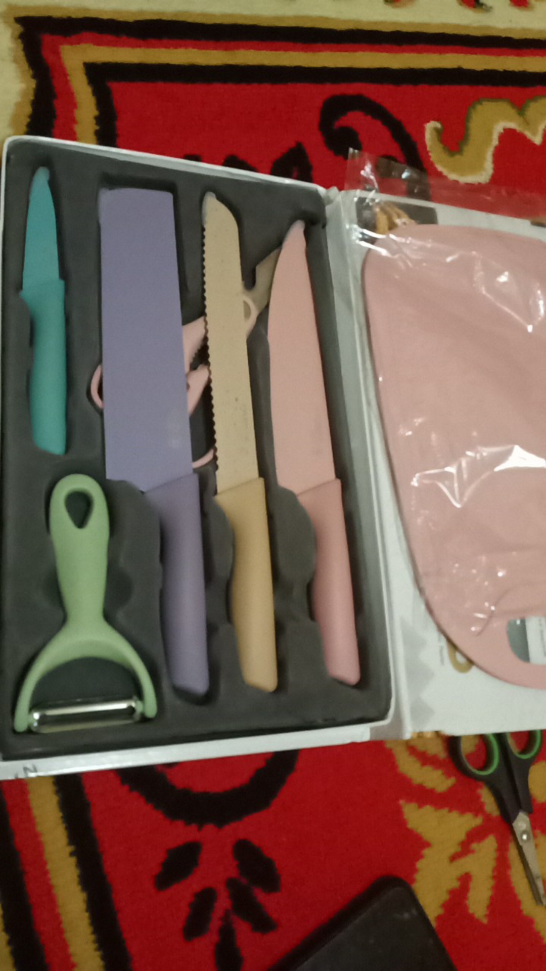 (bow) Pisau Set 6in1 Peralatan Dapur Set Talenan Pisau Keramik Warna Warni 24d54