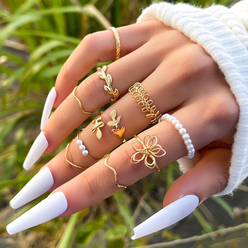 【COD Tangding】10pcs / set Cincin Desain Bunga Daun Merambat Aksen Mutiara Imitasi Gaya Bohemian