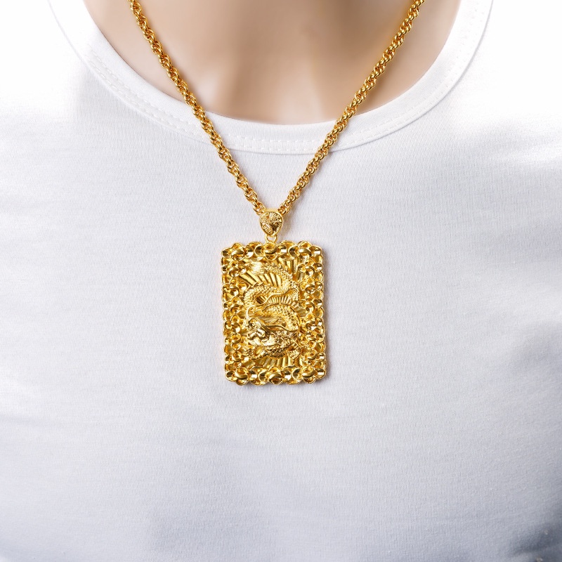 Liontin Bentuk Kotak Desain Naga Lapis Emas Asli Kadar 375 Gaya Bangkok Untuk Pria