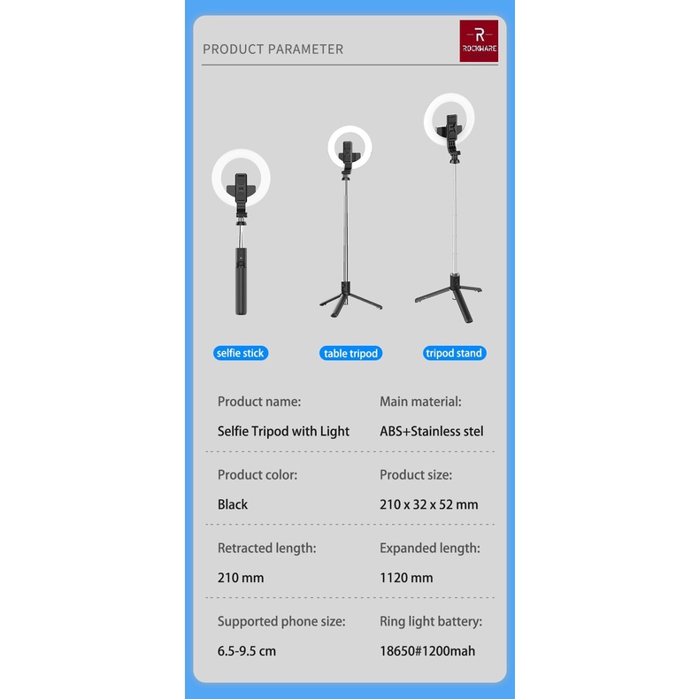 ROCKWARE RW-V01S Tongsis Selfie Stick Tripod With Ring Fill Light