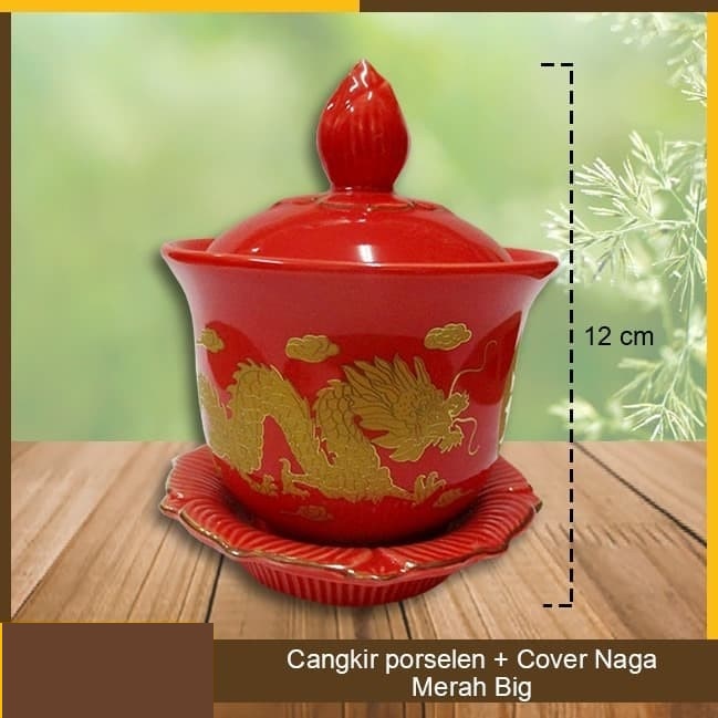 Cangkir puja sembahyang Porselen Motif Naga Big 12cm merah