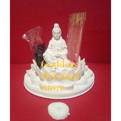 Patung Resin Putih Kwan im  Guan yin duduk di atas lotus dupa aromaterapi aromatherapy set untuk kes