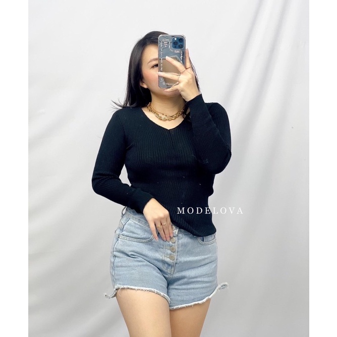 MDLV ~ VNECK RAJUT LENGAN PANJANG BAJU RAJUT TOP RAJUT ATASAN RAJUT LENGAN PANJANG PAKAIAN RAJUT BLOUSE RAJUT FASHION WANITA