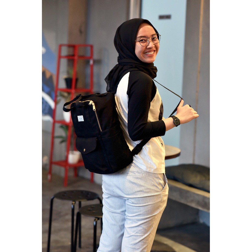 TAS RANSEL BACKPACK LAPTOP 14 INCH GOLDIE HEEJOU KANVAS HITAM WANITA PRIA SEKOLAH KULIAH KERJA