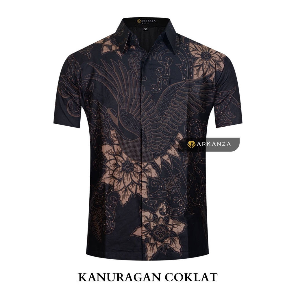 BATIK ARKANZA Motif KANURAGAN COKLAT Hem Atasan Kemeja Baju Batik Pria Cowok Produsen Slimfit Memakai Furing Lengan Panjang Lengan Pendek Original Asli