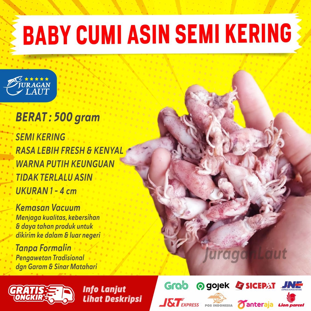 

Baby Cumi Cumi Asin Semi Kering Fresh Premium Super 500gr size 1 - 4cm (rata2 2-3cm)