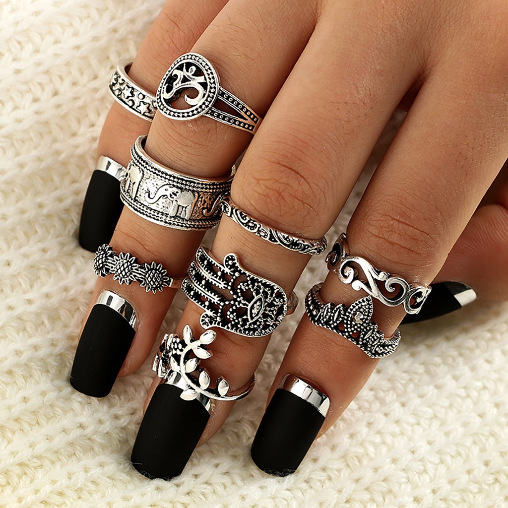 Hu Hu Hu Hu Hu Alat Bantu Pasang Kacamata♡ 9pcs Cincin Knuckle Desain Ukiran Bunga Hollow Warna Silver Gaya Bohemia Untuk Wanita