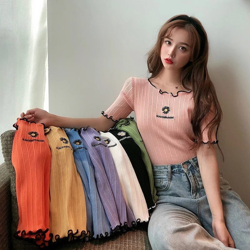 VS - Jeswon Kriwil RIB / T-shirt wanita Peaceminus One korean style / Atasan wanita crop