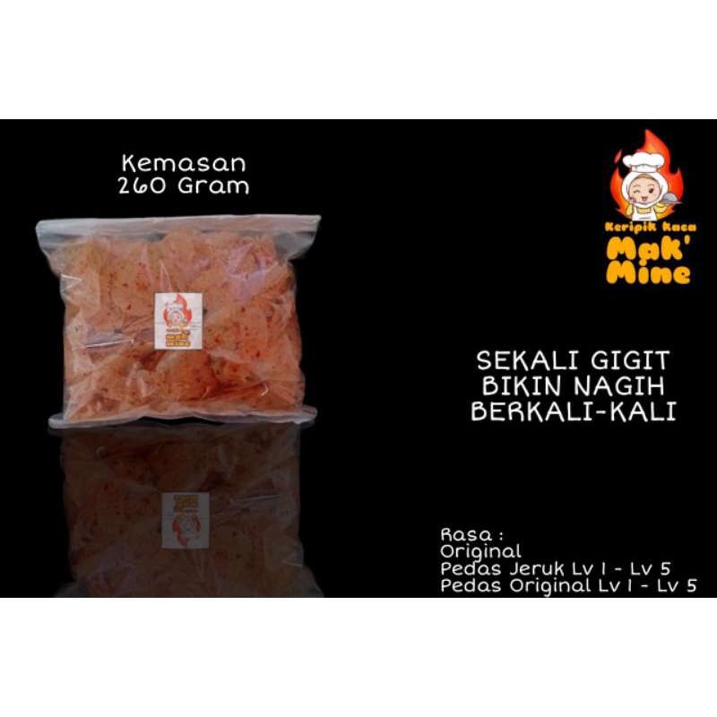 

keripik kaca / keripik beling rasa original, rasa pedas original level 1-5, pedas jeruk level 1-5