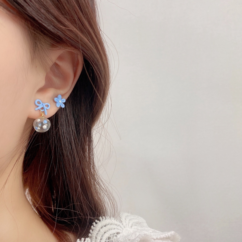 Anting Stud Desain Bunga Pita Warna Pink Biru Untuk Wanita