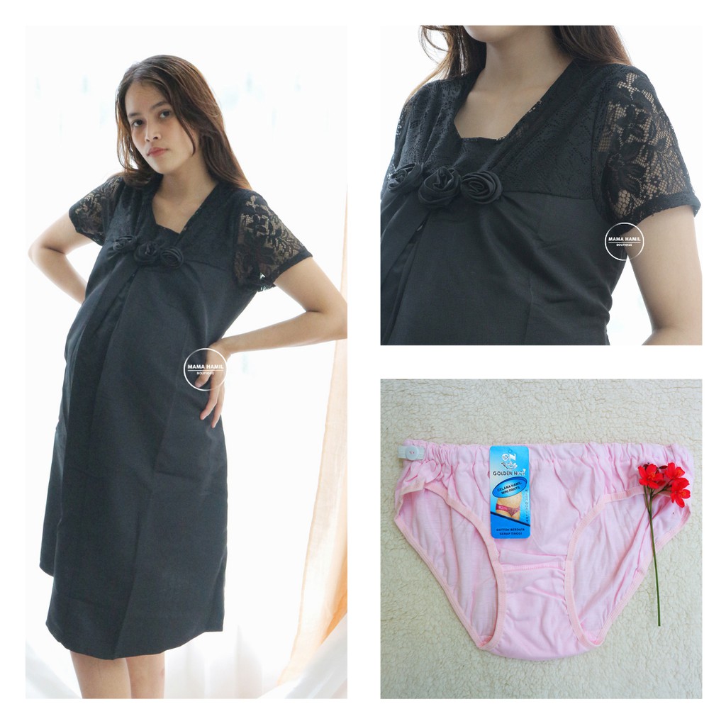 NINGAYU FREE CD HAMIL Dress Baju Ibu Hamil Menyusui Mix Brokat Pesta Murah Pita Cantik Katun - DRO 7