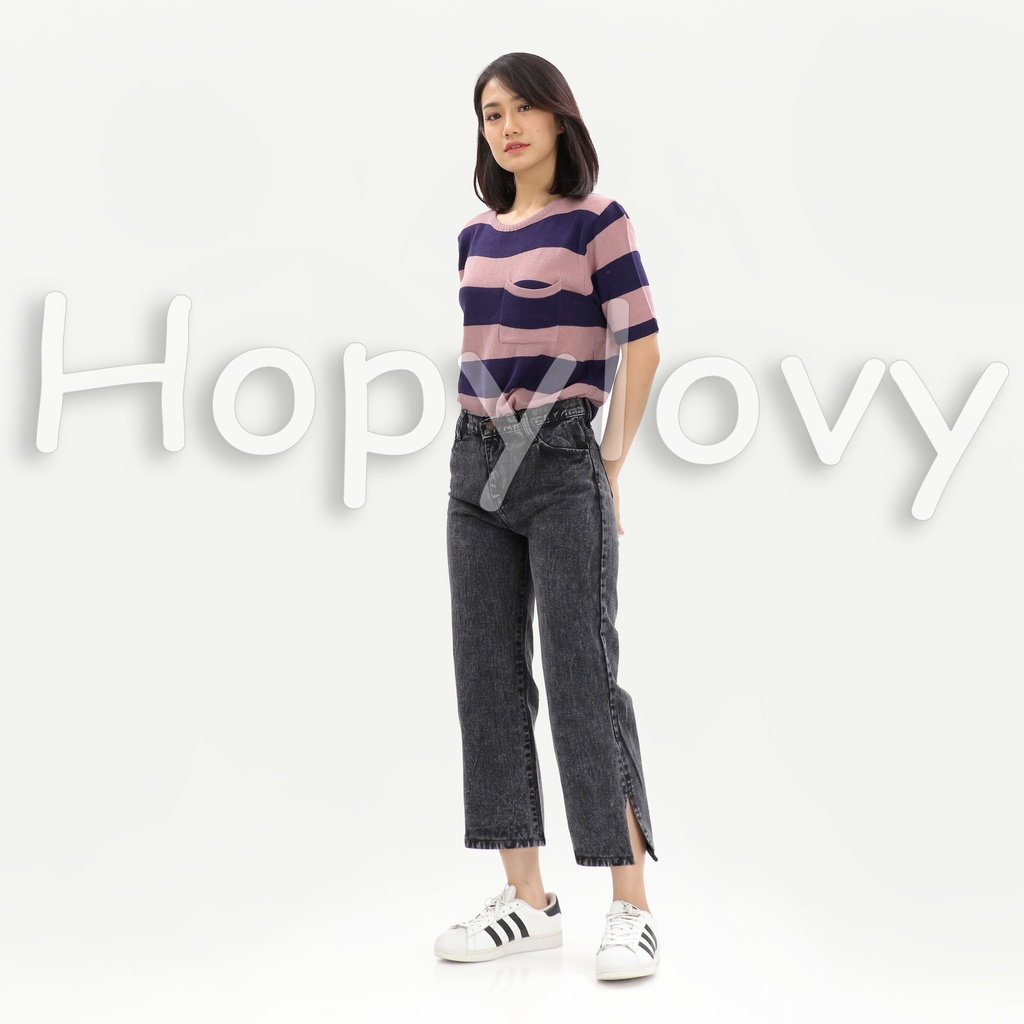 HOPYLOVY Celana Kulot Jeans Boyfriend Jeans Wanita Side Slit Wineta