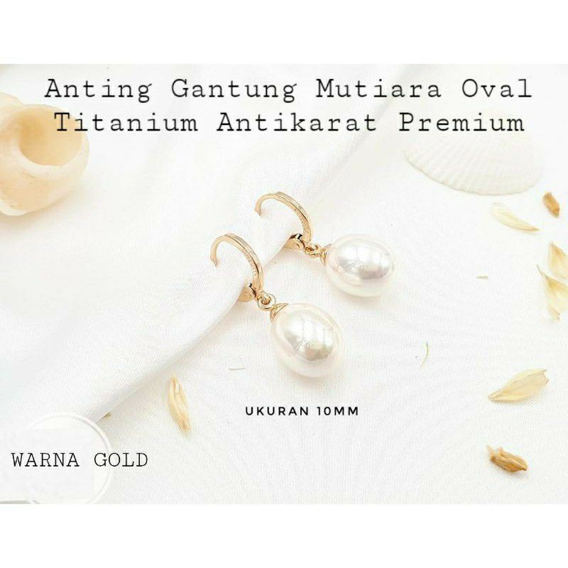 Anting Gantung Mutiara Kaca Oval Titanium Warna Gold