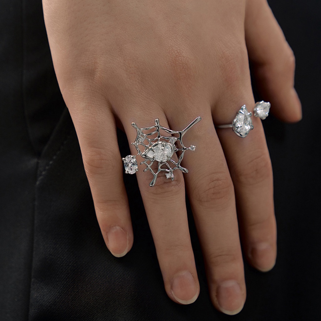 Hu Hu Hu Hu Hu Alat Bantu Pasang Kacamata♡ Cincin Model Terbuka Adjustable Desain Jaring Laba-Laba Aksen Berlian Imitasi Untuk Unisex