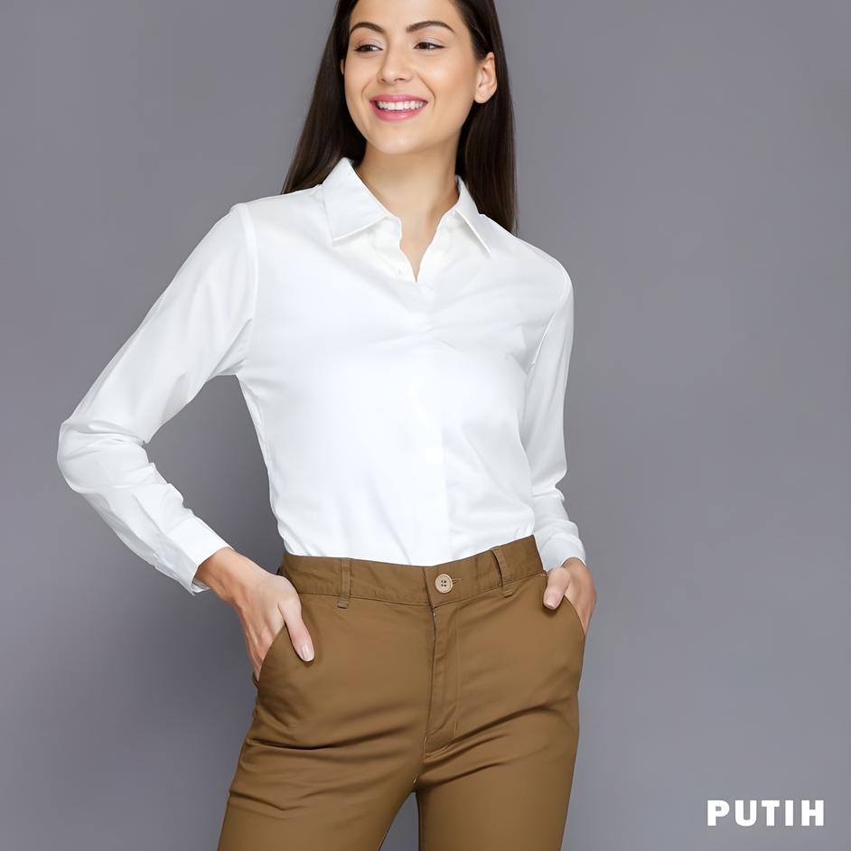 (TERLARIS) Baju Kemeja Wanita Polos Lengan Panjang Formal Kerja Kantor Warna Putih Hitam Atasan Cewe
