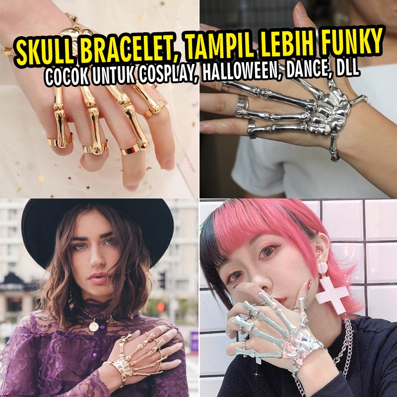 Gelang tengkorak bracelet skeleton hand finger ring untuk aksesoris cosplay halloween gaya punk goth