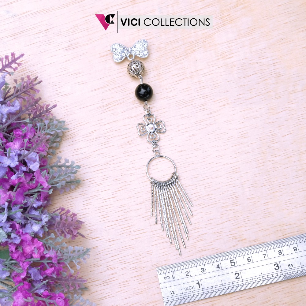 Bros Dagu Hijab Jilbab Juntai Panjang Mutiara Hitam Silver Mewah BSP145-1