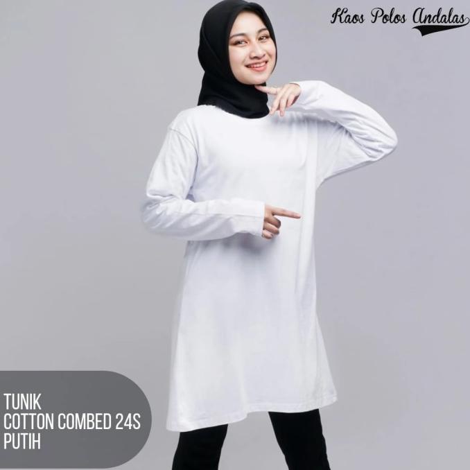 Kaos Polos Tunik Untuk Muslimah Bahan Katun Combed 24S Warna Putih Terlaris