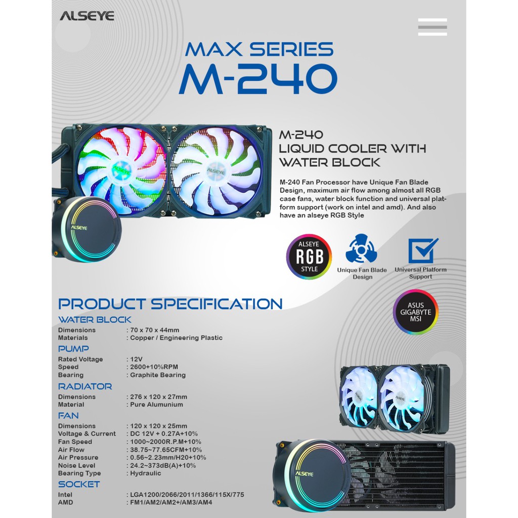 Liquid cooler alseye 2 fan RGB sync Max M-240 - Cpu cooler M240