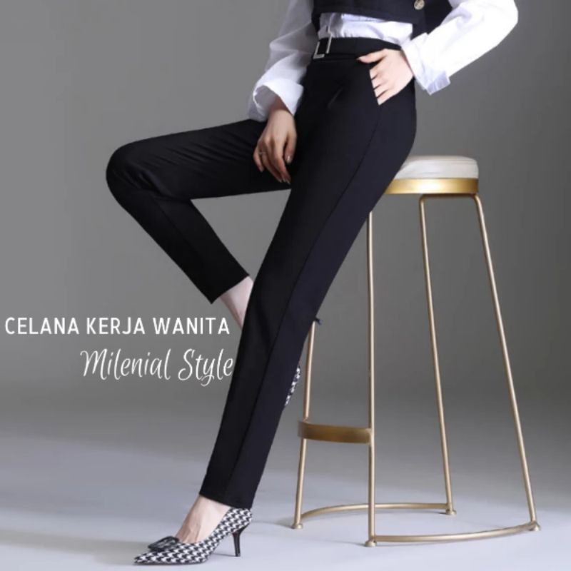 Celana Kantor Wanita Clana Panjang Slimfit Cewek Remaja Dewasa Perempuan Modern Kekinian Style Bisnis Formal Resmi Kerja Kantoran Trend Bahan Wol Halus Warna Hitam Polos Model Slim Fit Cewe Terbaru Trendy Harga Murah Size Ukuran 32 33 34 35 36 37 38 L COD