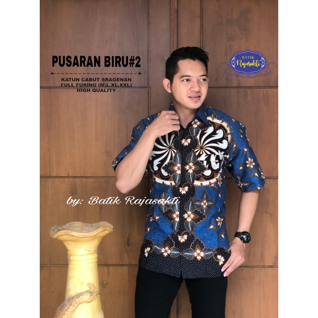 PUSARAN BIRU 2 Kemeja Batik Pria Lengan Pendek Katun Halus FULL FURING Rajasakti